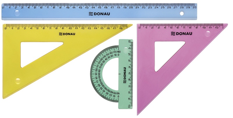 Set geometrie mare, contine: rigla 30cm, raportor, echer 13cm si echer 19cm, Donau - culori asortate