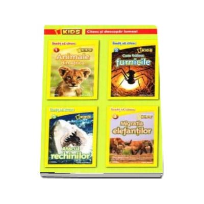 Set National Geographic Kids. Citesc si descopar Lumea. Invat sa citesc (4 Carti) Animale din africa, Cum traiesc furnicile, Atacul rechinilor, Migratia elefantilor