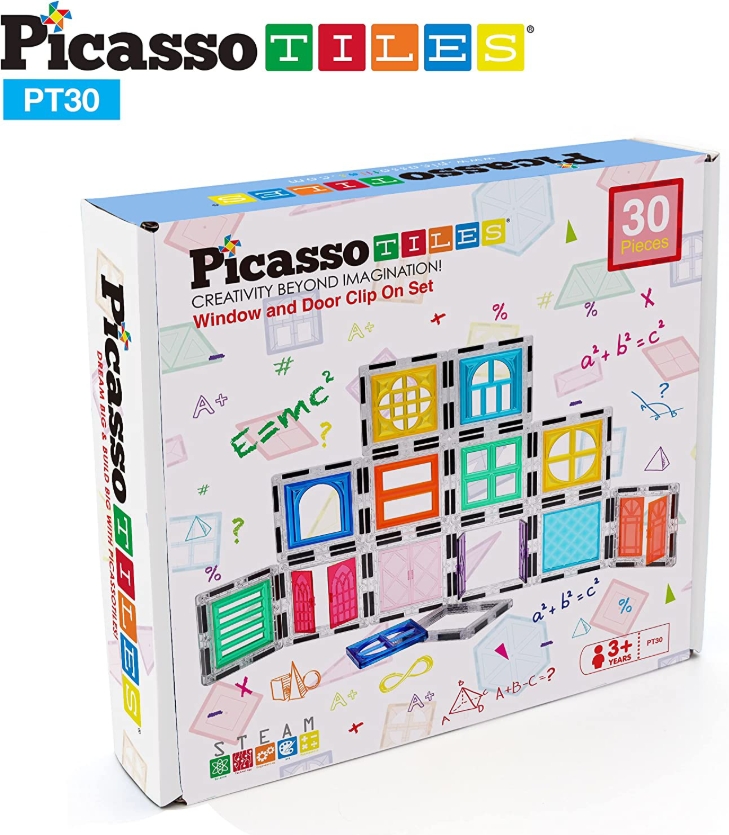 Set PicassoTiles 30 de piese de constructie, magnetice si accesorii usi si ferestre