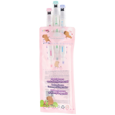 Set Strigo 3 evidentiatoare 2 in 1 cu stampila pe rola, seria Capybara