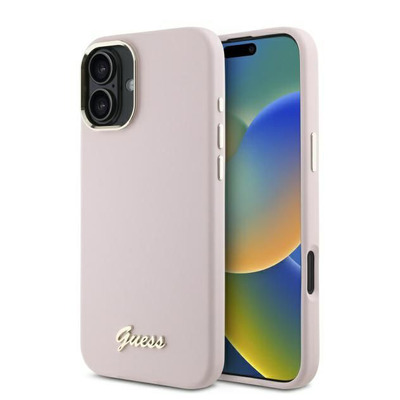 Silicone Script Metal Logo & Frame (GUHCP16SSMBSLP) - iPhone 16 - Pink