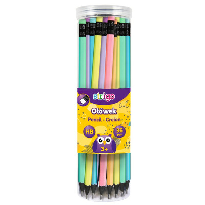 Strigo Creioane HB cu guma de sters multicolora, lemn negru si corp pastel, 36 buc