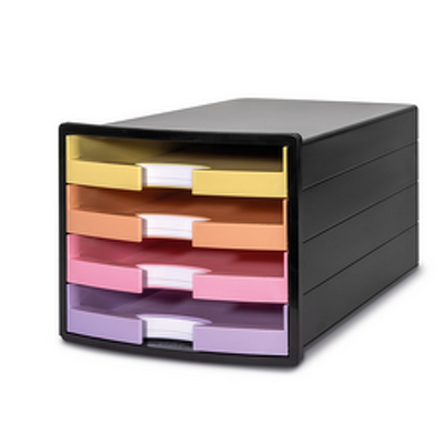 Suport plastic cu 4 sertare pt. documente, Impuls 2.0 (open) - negru - sertare culori pastel