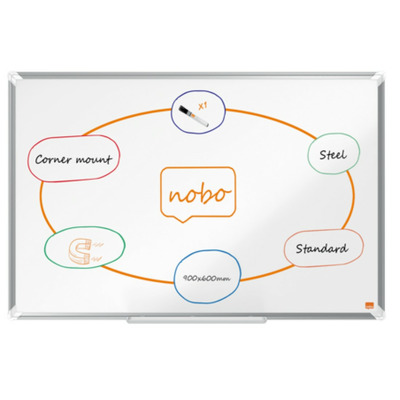 Tabla NOBO Premium Plus, otel lacuit, 90x60 cm, magnetica, include marker si tavita, alb