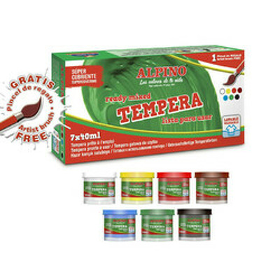 Tempera lavabila, 7 culori x 40ml/cutie cu pensula gratis, Alpino