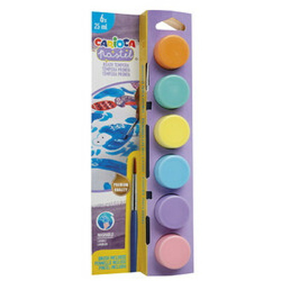 Tempera super lavabila, 6 culori x 25 ml/set, contine pensula, CARIOCA - pastel